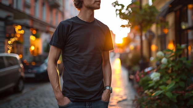 Street Chic Male Mockup Black Casual TShirt in Daylight