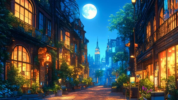 Photo street of city on night with moon style anime