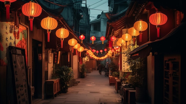 A street in the city of shanghai with lanterns hanging from the ceiling