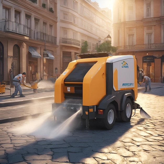 Street cleaners spraying water to cool down hot pavements