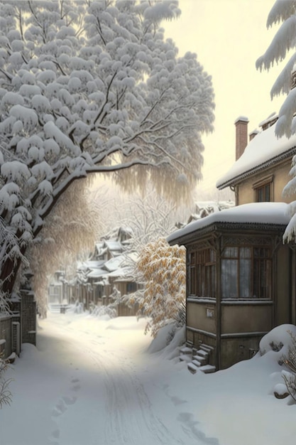 Street covered in snow next to a house generative ai