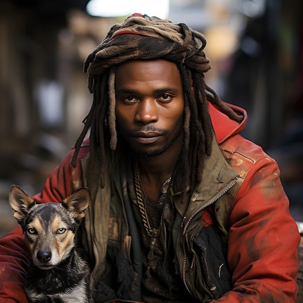 A street dancer sitting with a dog