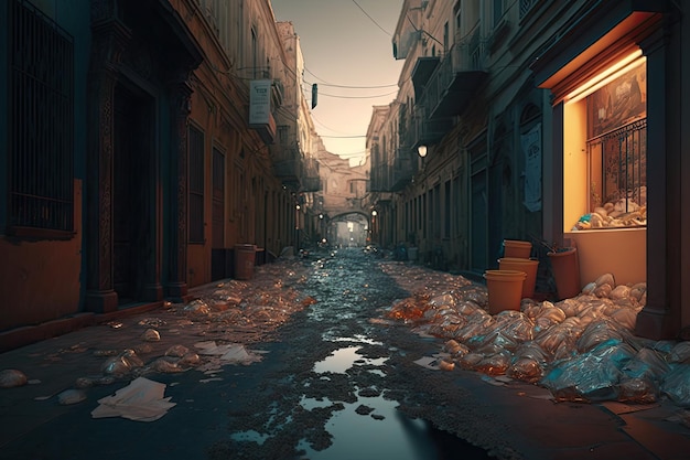 Street in the evening littered with liquid and solid garbage overflowing garbage