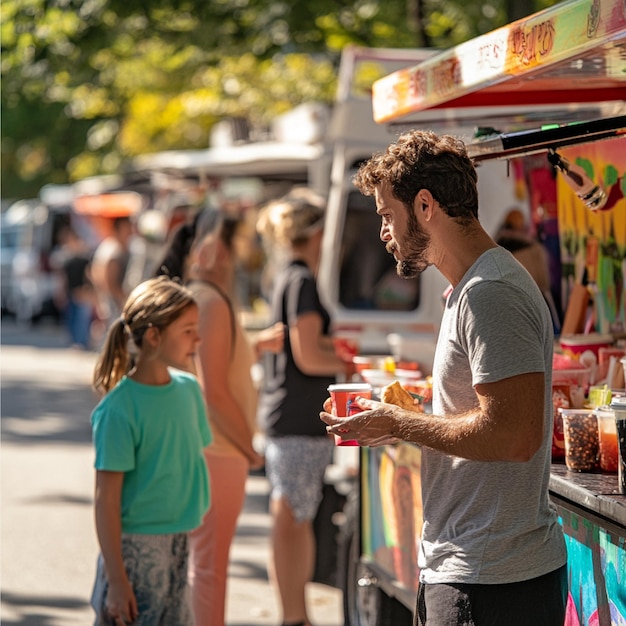 Photo a street fair with food trucks craft booths and familyfriendly activities