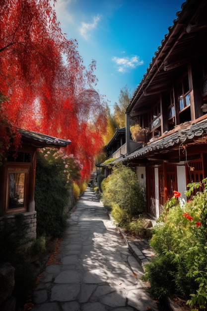 A street in the fall with a red tree in the foreground