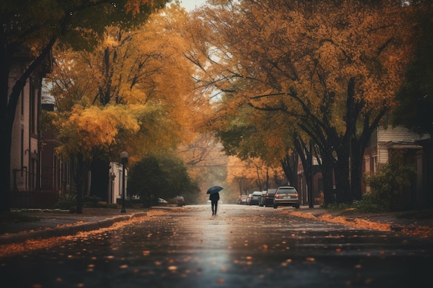 A street in the fall with a tree on it