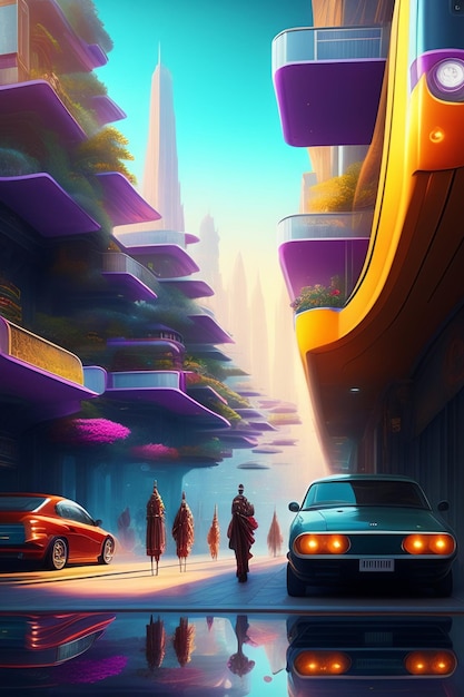 Street of a fantasy city of the future with transport