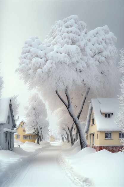 Street filled with lots of snow covered trees generative ai