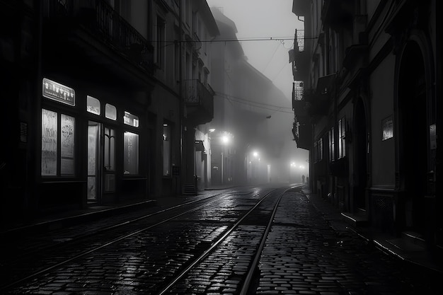 A street in the fog with a street sign that says'the city '