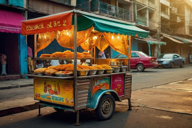 A street food cart with pani puris and various condi