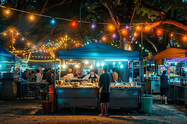 A street food market at night illuminated by color generative ai