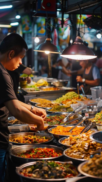 Street food seller in the midst of a busy urban environment