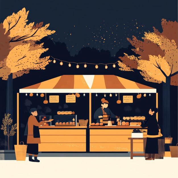 Street food stall in the autumn park Vector illustration in flat style