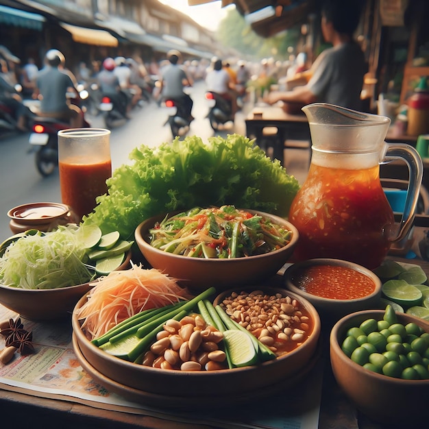 Photo street food stall in northern thailand with spicy green salad and shredded meat authentic market