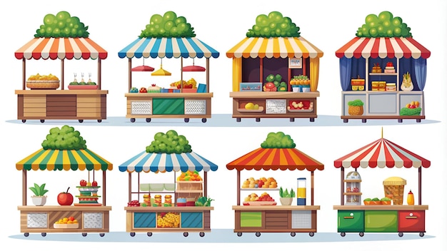 Street food stalls set isolated on white background Vector cartoon illustration of city park booths