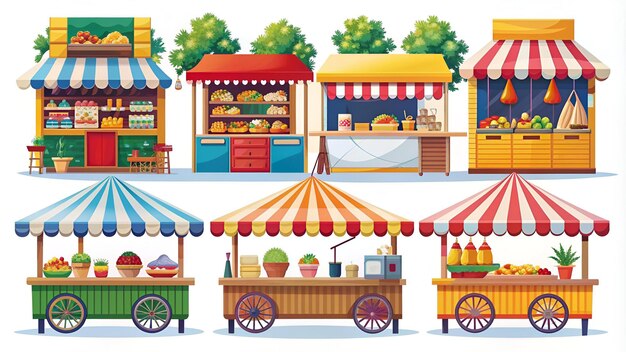 Photo street food stalls set isolated on white background vector cartoon illustration of city park booths