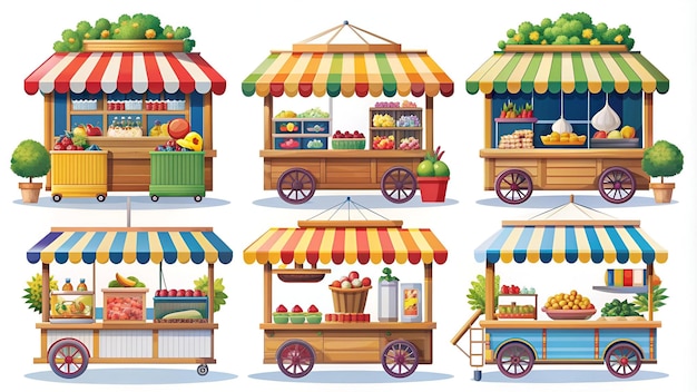 Photo street food stalls set isolated on white background vector cartoon illustration of city park booths