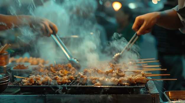 A street food vendor grills skewers of meat over a hot grill The meat is sizzling and the smoke is rising