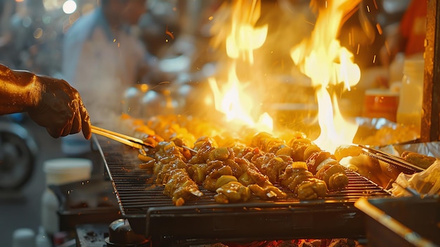 A street food vendor grills skewers of meat and vegetables over an open flame The flames are high and the food is sizzling