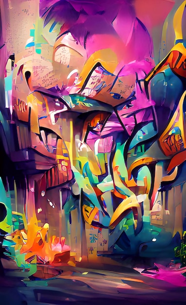 Street graffiti abstract words on the wall Graffiti drawing with bright colors paint Illustration