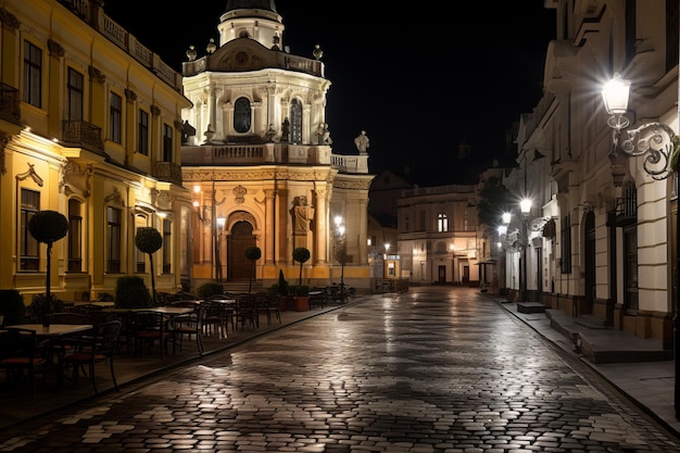 the street is lit up at night