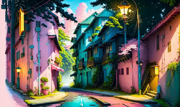 A street in japan with a pink house and a street with a tree.