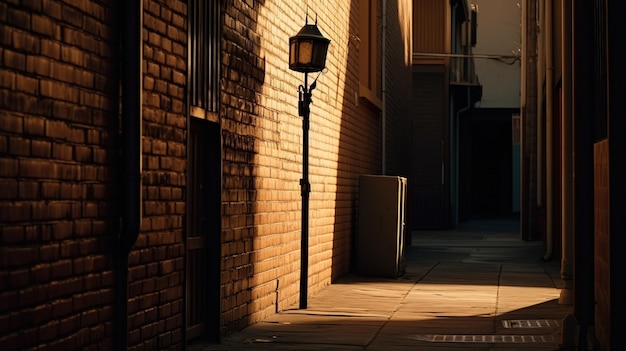 A street lamp on a brick wall in the evening.