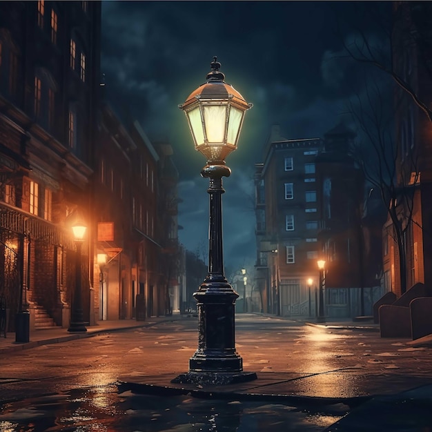 Street lamp in the old town at night 3D rendering