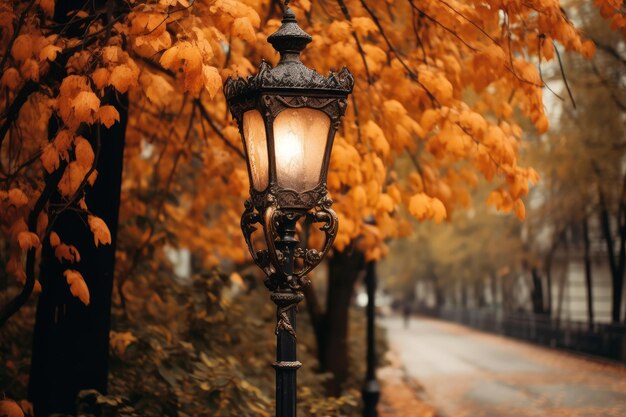 A street lamp with the leaves on it