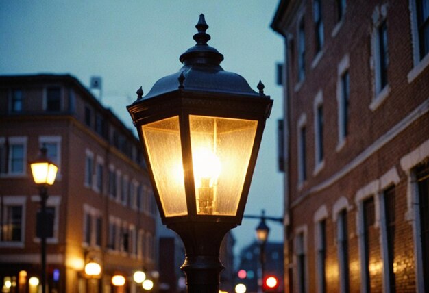 Photo a street lamp with a street light on it and a building in the background