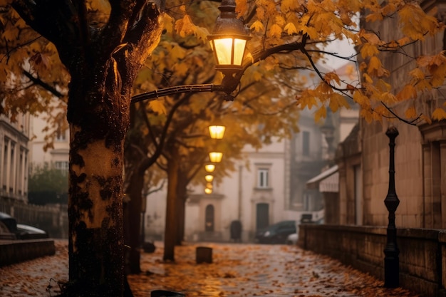 A street lamp with yellow lights in the background