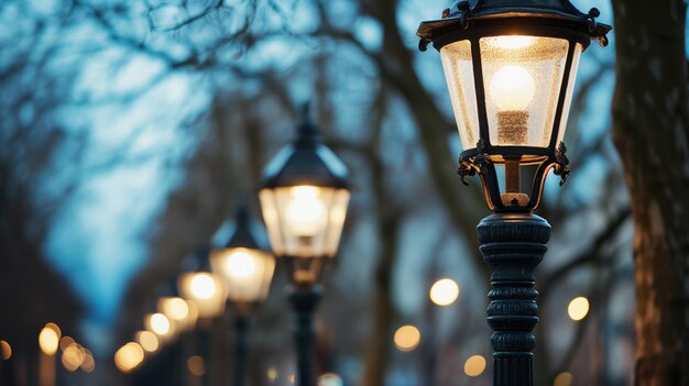 Photo street lamps lighting up at dusk