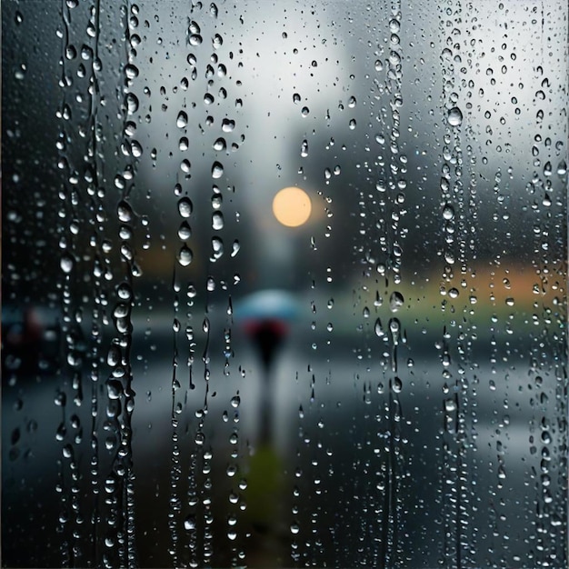 a street light is reflected in a window with raindrops on it