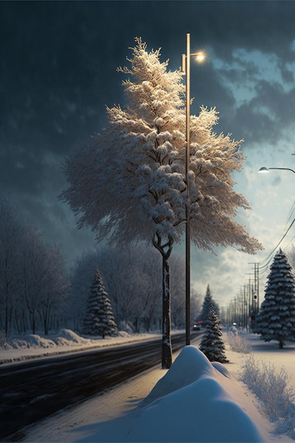 Street light sitting on the side of a snow covered road generative ai