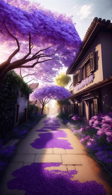 Street lined with purple trees and purple flowers generative ai