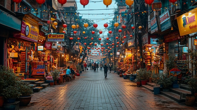 street lined with shops selling Navratri decorations and attire