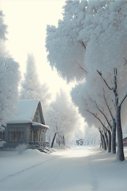 Street lined with trees covered in snow generative ai