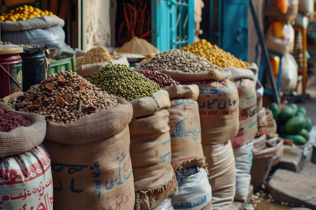 Street Market in Jordan Selling Spices Legumes Beans and Dried Fruits