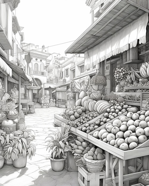 Street Market in Pencil Style