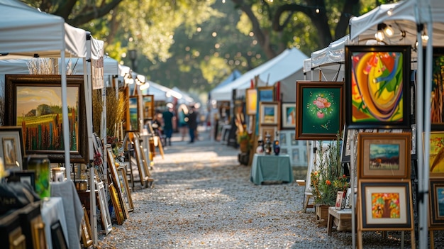 Photo a street market with a lot of art on the left