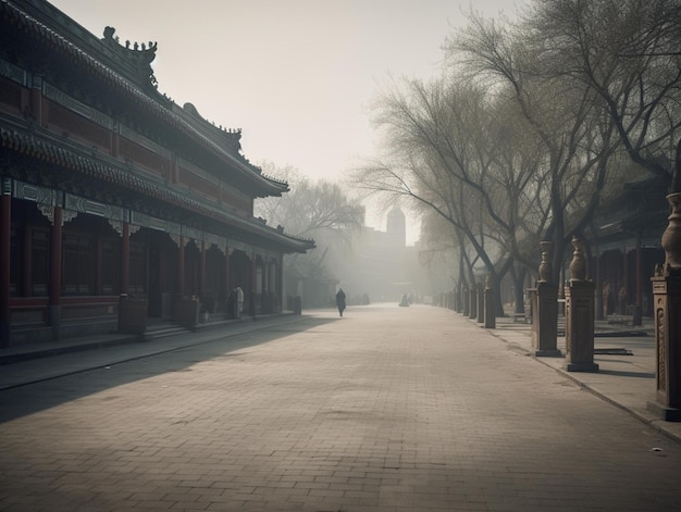 A street in the morning with a man walking in the distance.