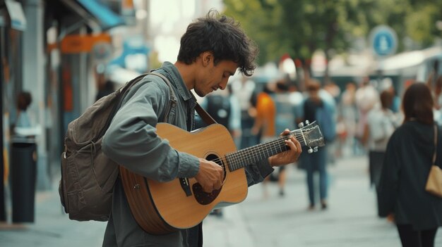 Street Musician Playing an Acoustic Guitar Providing Joyful Entertainment in City Streets for Passersby