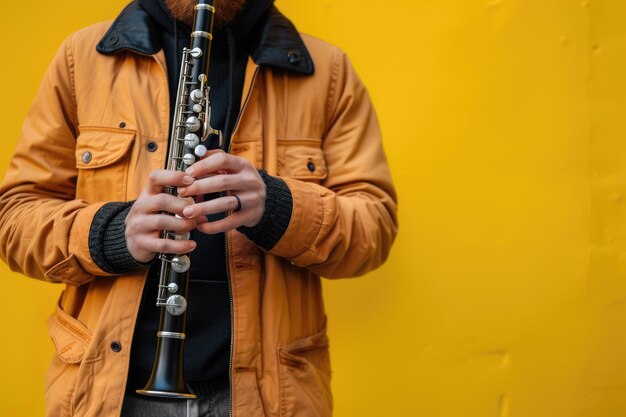 Photo street musician playing clarinet against vibrant background embodies urban music