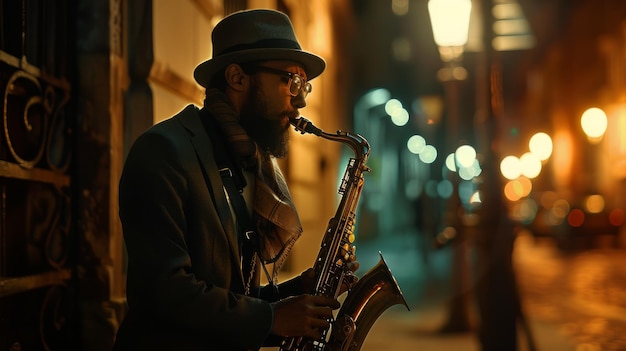 A street musician plays a saxophone under the warm glow of street lamps on a quiet city night adding a soulful melody to the nocturnal ambiance