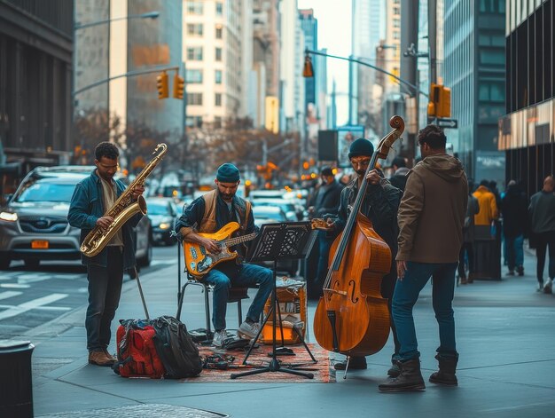 Photo street musicians performing for pedestrians