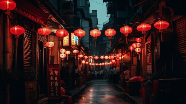 A street in the night with red lanterns hanging from the ceiling