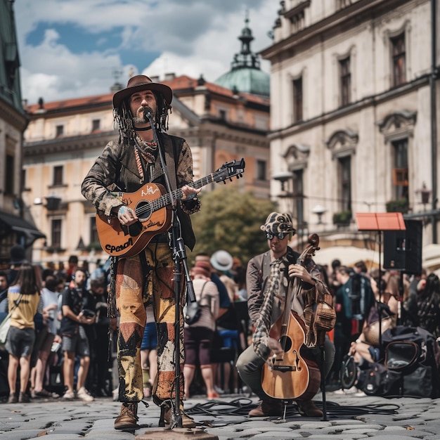 Street Performer Playing Guitar in Front of Crowd