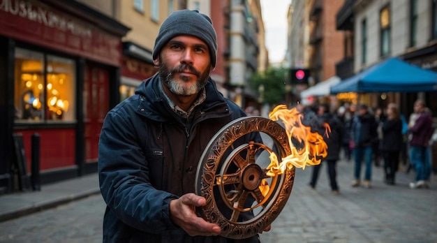 Street performer with a fire wheel