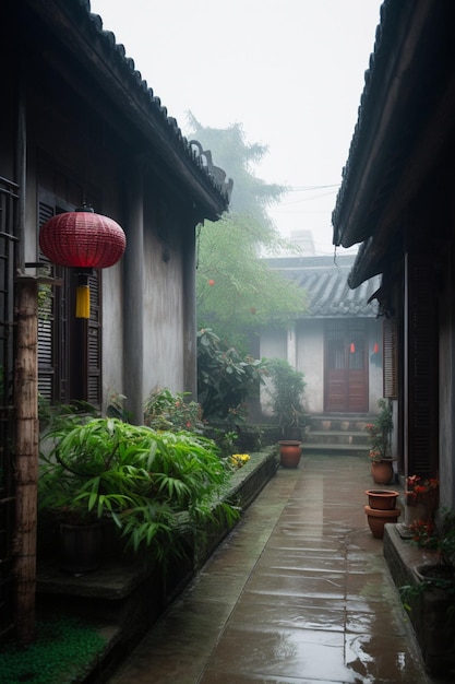 A street in the rain with a red lantern on the left side.