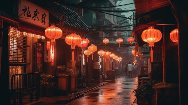 A street in the rain with red lanterns on the wall